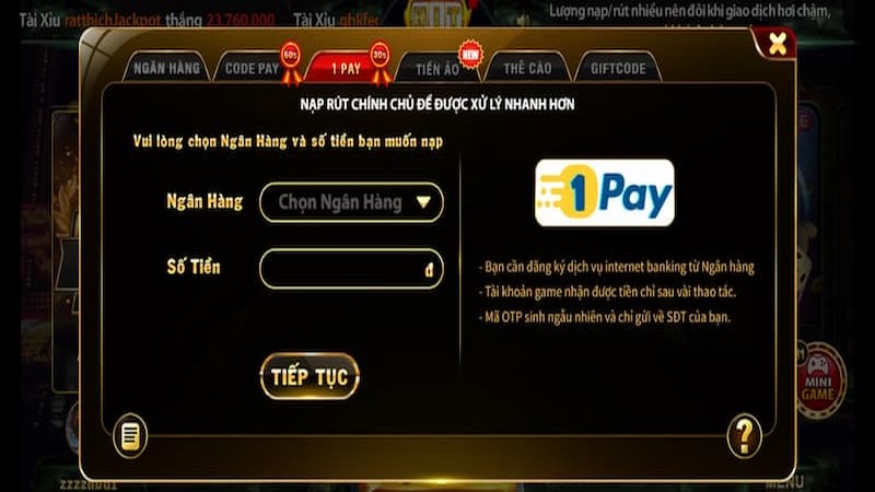 Nạp tiền Hitclub bằng 1 Pay nhanh chóng không mất phí 